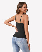 Black cami bralette tank top back view with thin spaghetti straps