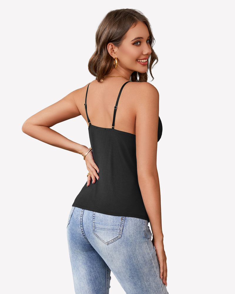 Black cami bralette tank top back view with thin spaghetti straps