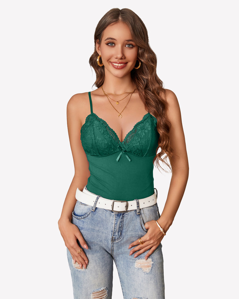 Green lace-trim cami bralette tank with V-neck cups and bow detail