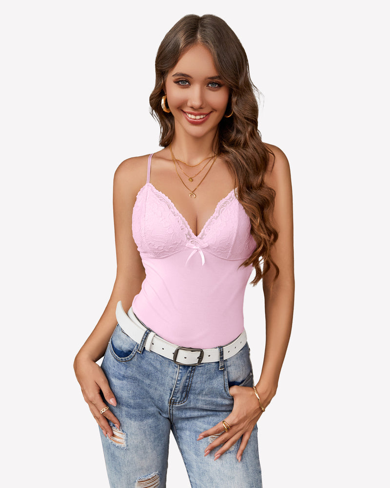 Pink lace-trim cami bralette tank with V-neck cups and bow detail
