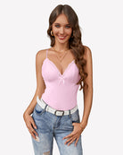 Pink lace-trim cami bralette tank with V-neck cups and bow detail
