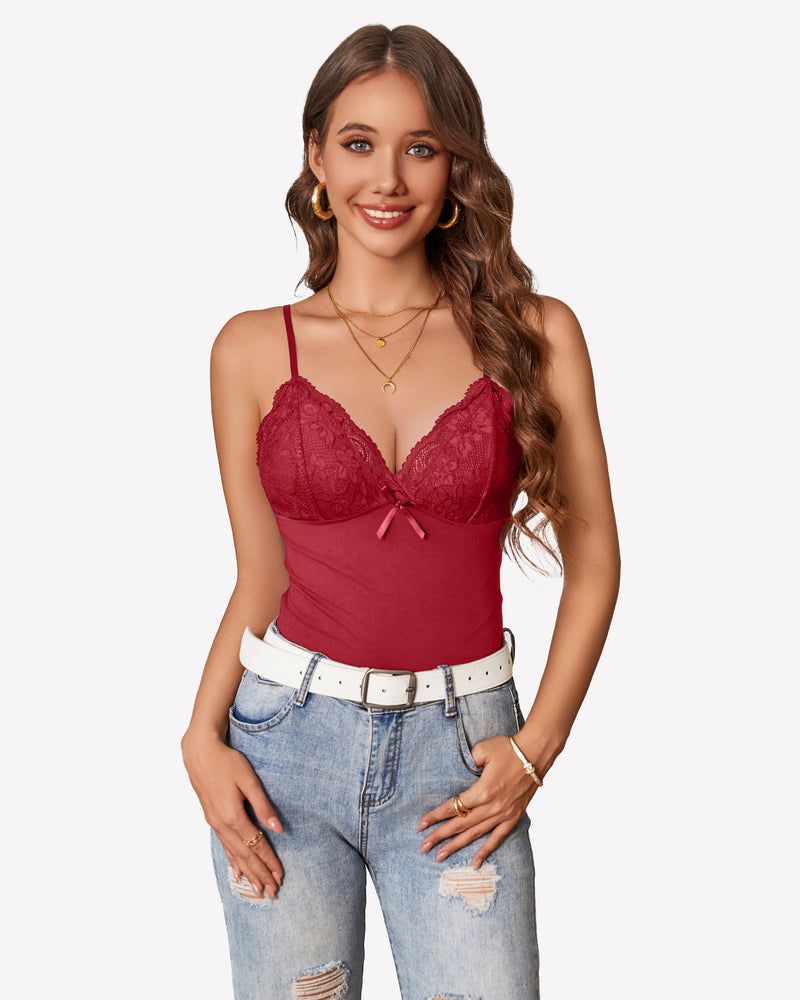 Wine red lace-trim camisole with triangle bra cups and bow detail