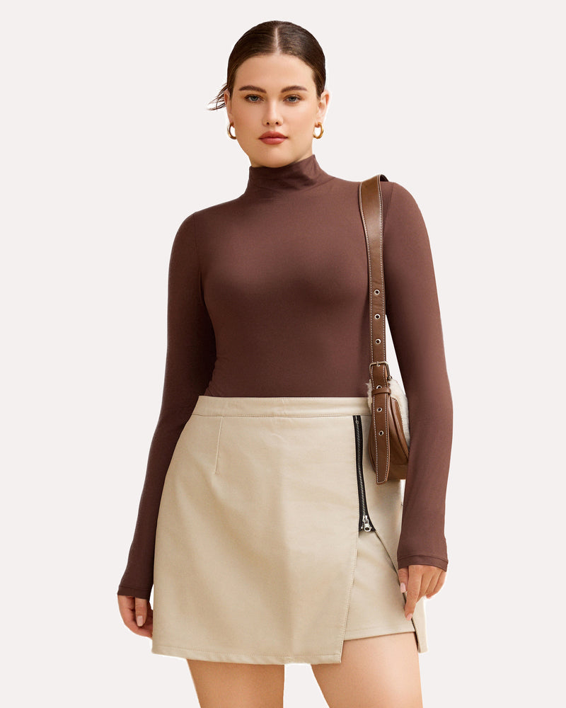 Brown high-neck snap-closure bodysuit with long sleeves, fitted shaping style.