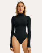 Black high-neck snap-closure soft bodysuit with long sleeves and seamless fit
