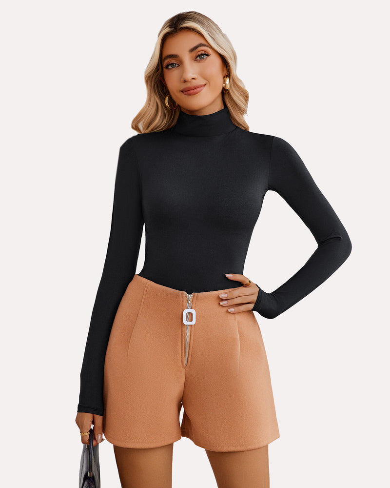 Black high-neck snap-closure soft bodysuit with long sleeves and fitted waist