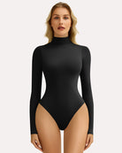 Black high-neck snap-closure bodysuit with long sleeves, fitted shaping style.