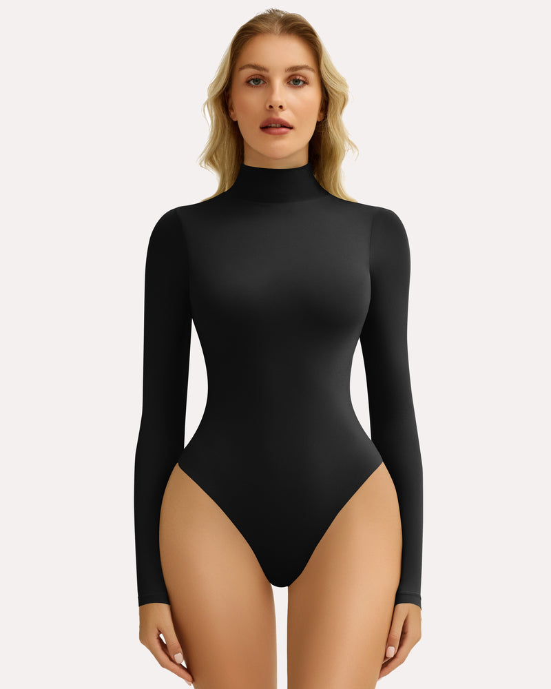 Black high-neck snap-closure bodysuit with long sleeves, fitted shaping style.