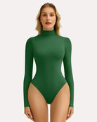 Green high-neck snap-closure bodysuit with long sleeves, fitted shaping style.