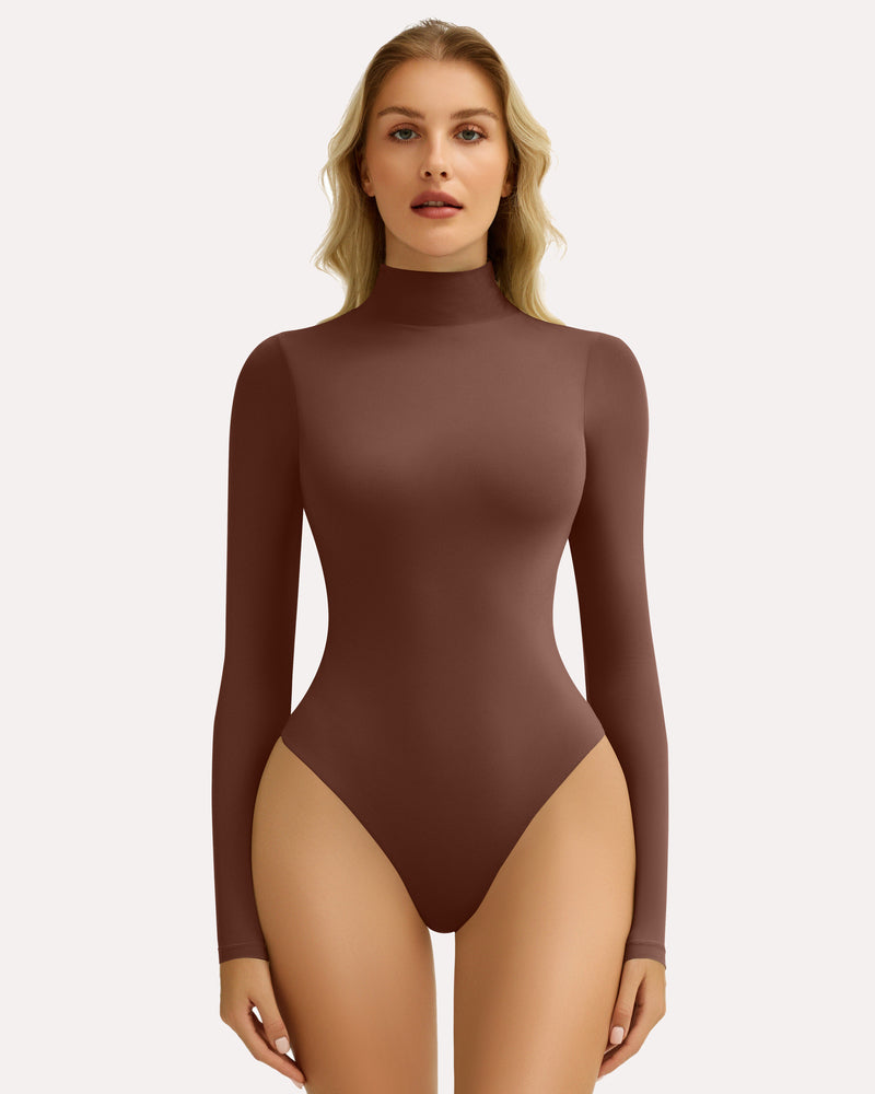Deep brown high-neck snap-closure soft bodysuit with long sleeves and seamless fit