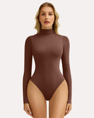 Deep brown high-neck snap-closure soft bodysuit with long sleeves and seamless fit