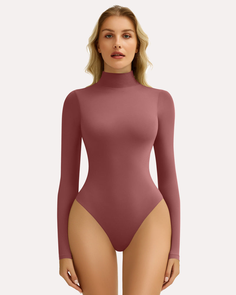 Rose red high-neck snap-closure bodysuit with long sleeves, fitted shaping style.