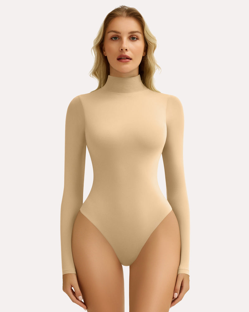 White high-neck snap-closure bodysuit with long sleeves, fitted shaping style.