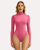 Purple-red high-neck snap-closure bodysuit with long sleeves, fitted shaping style.