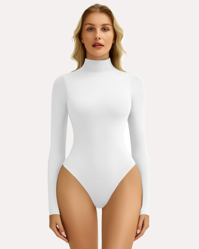 White high-neck long-sleeve soft bodysuit with full coverage