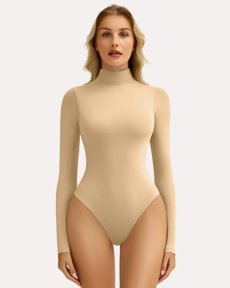 Khaki high-neck long-sleeve soft bodysuit, fitted full coverage