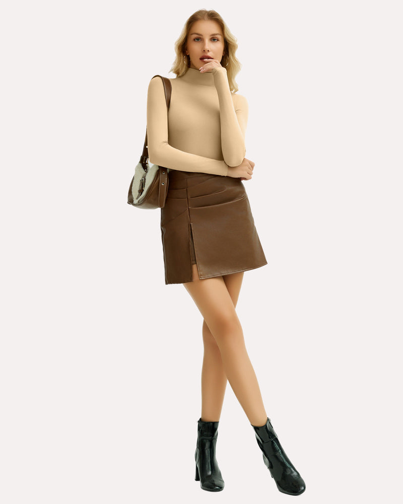 Khaki high-neck snap-closure bodysuit with long sleeves, fitted shaping style.