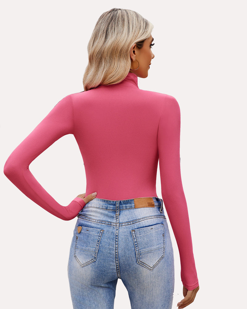 Pink high-neck long-sleeve soft bodysuit, fitted full coverage
