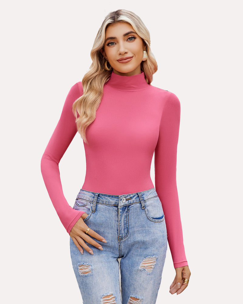 Pink high-neck long-sleeve soft bodysuit, smooth fitted design