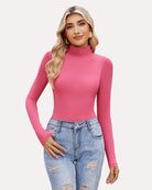 Pink high-neck long-sleeve soft bodysuit, smooth fitted design