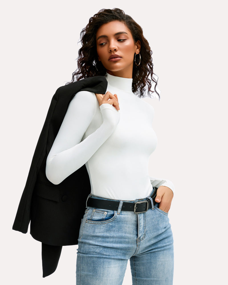 White high-neck long-sleeve soft bodysuit, close fit