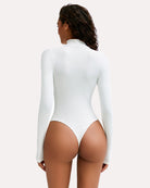 White high-neck long-sleeve soft bodysuit, back view