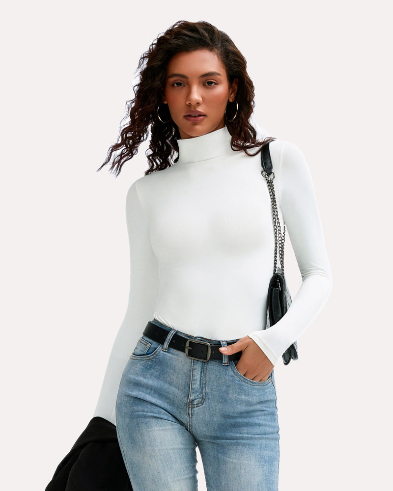White high-neck long-sleeve soft bodysuit, close fit