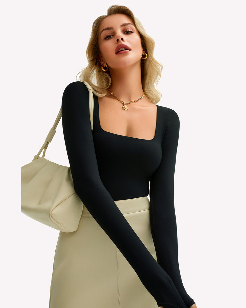 Double-lined square-neck bodysuit top, long sleeves, black, side view