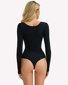 Double-lined square-neck bodysuit top, long sleeves, black, back view