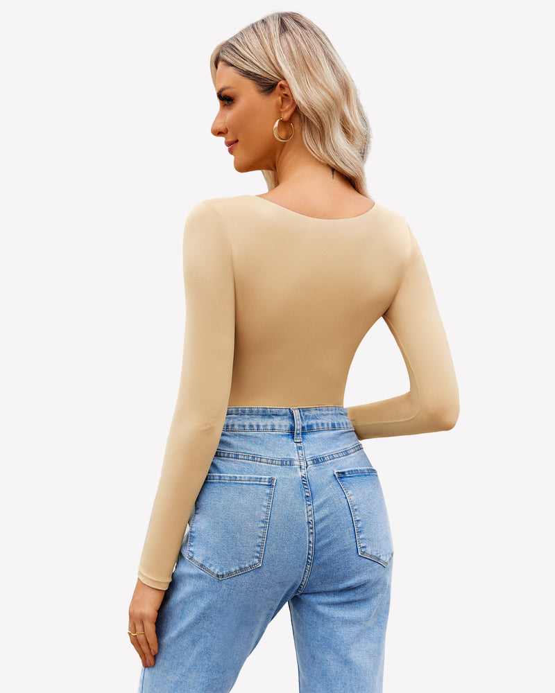 Nude beige square-neck double-lined bodysuit, back view, long sleeves
