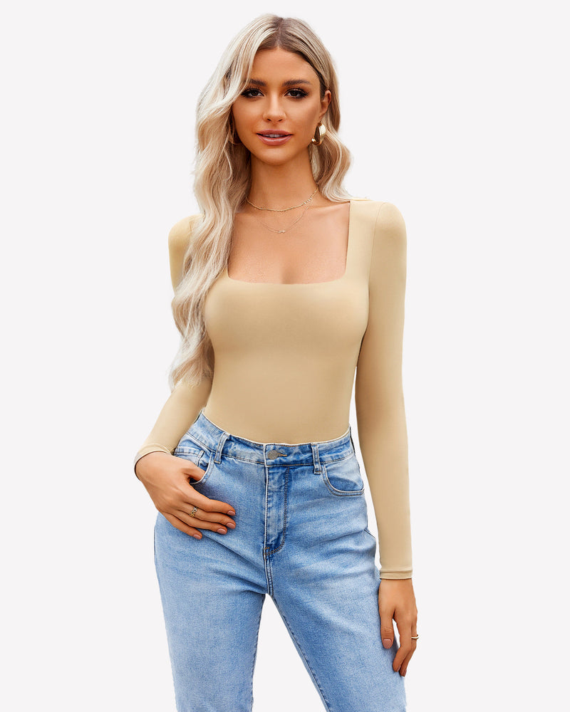Beige nude square-neck double-lined bodysuit with long sleeves
