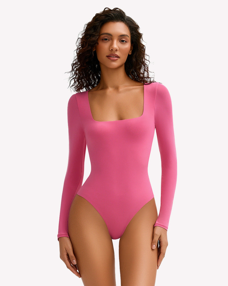 Double-lined square-neck bodysuit top, long sleeves, rose pink, front view