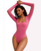 Double-lined square-neck bodysuit top, long sleeves, rose pink, arms up