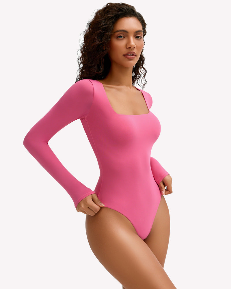 Double-lined square-neck bodysuit top, long sleeves, rose pink, side pose