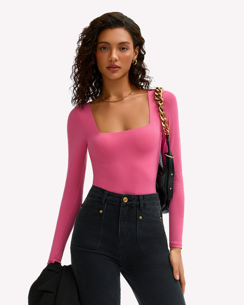 Double-lined square-neck bodysuit top, long sleeves, rose pink, paired with jeans