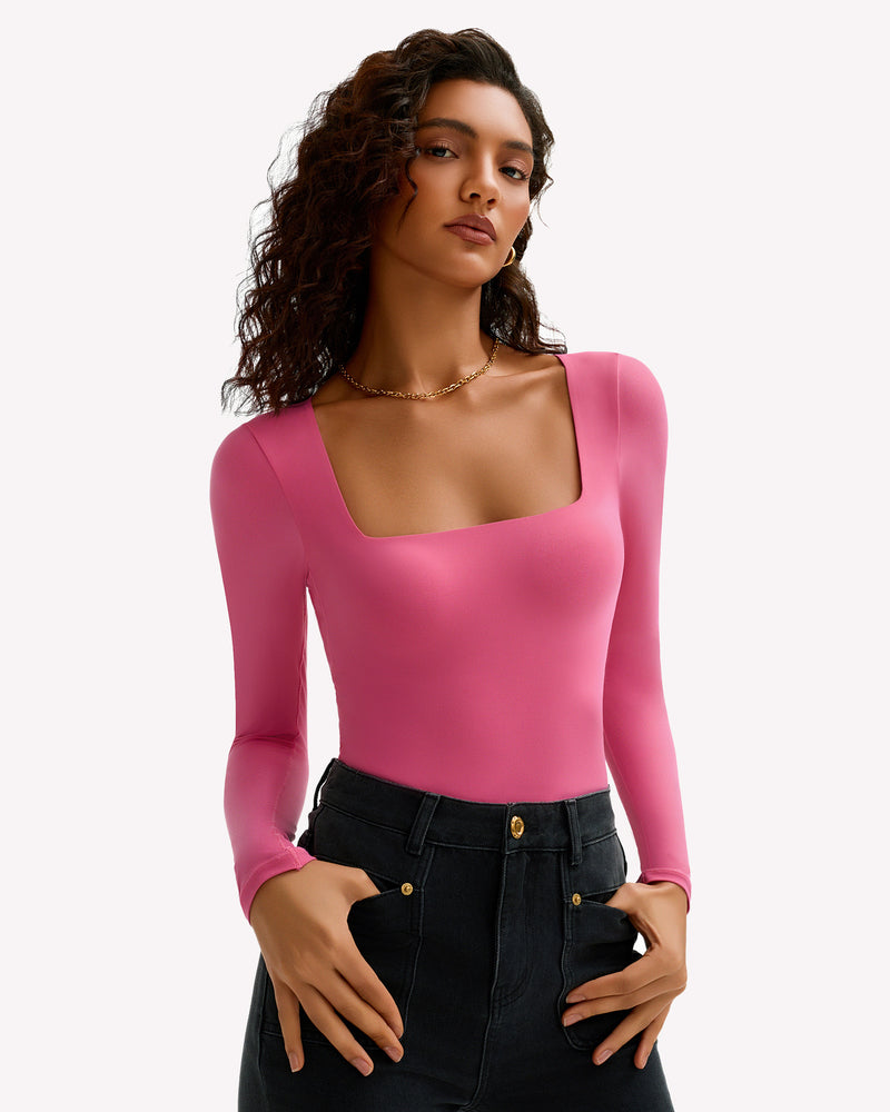 Double-lined square-neck bodysuit top, long sleeves, rose pink, front view