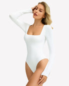 White square-neck double-lined bodysuit with long sleeves