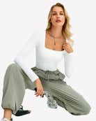 Double-lined square-neck bodysuit, white, long sleeves, fitted front view