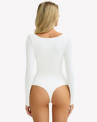 Double-lined square-neck bodysuit, white, long sleeves, back view