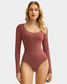 Maroon scoop-neck long-sleeve bodysuit shapewear, smooth fitted one-piece