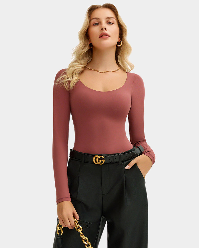 Rose Red scoop-neck long-sleeve bodysuit shapewear, sleek fitted one-piece