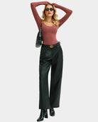 Rose Red scoop-neck long-sleeve bodysuit shapewear, fitted with high-cut leg