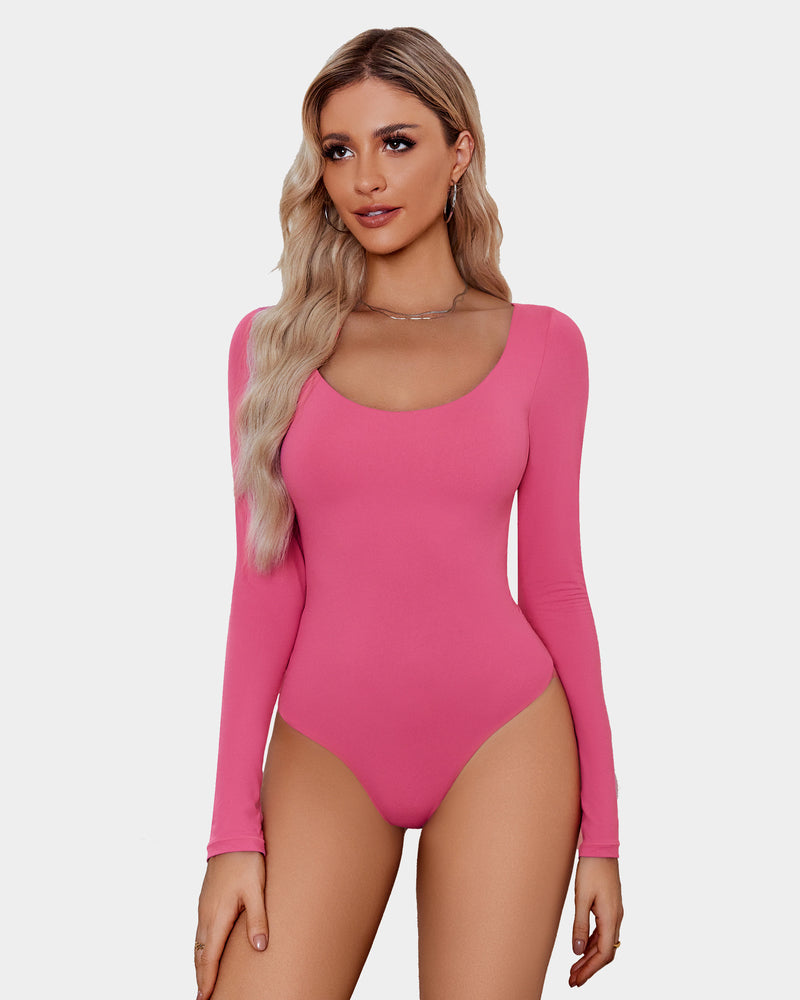 Pink scoop-neck bodysuit with long sleeves and high-cut leg openings
