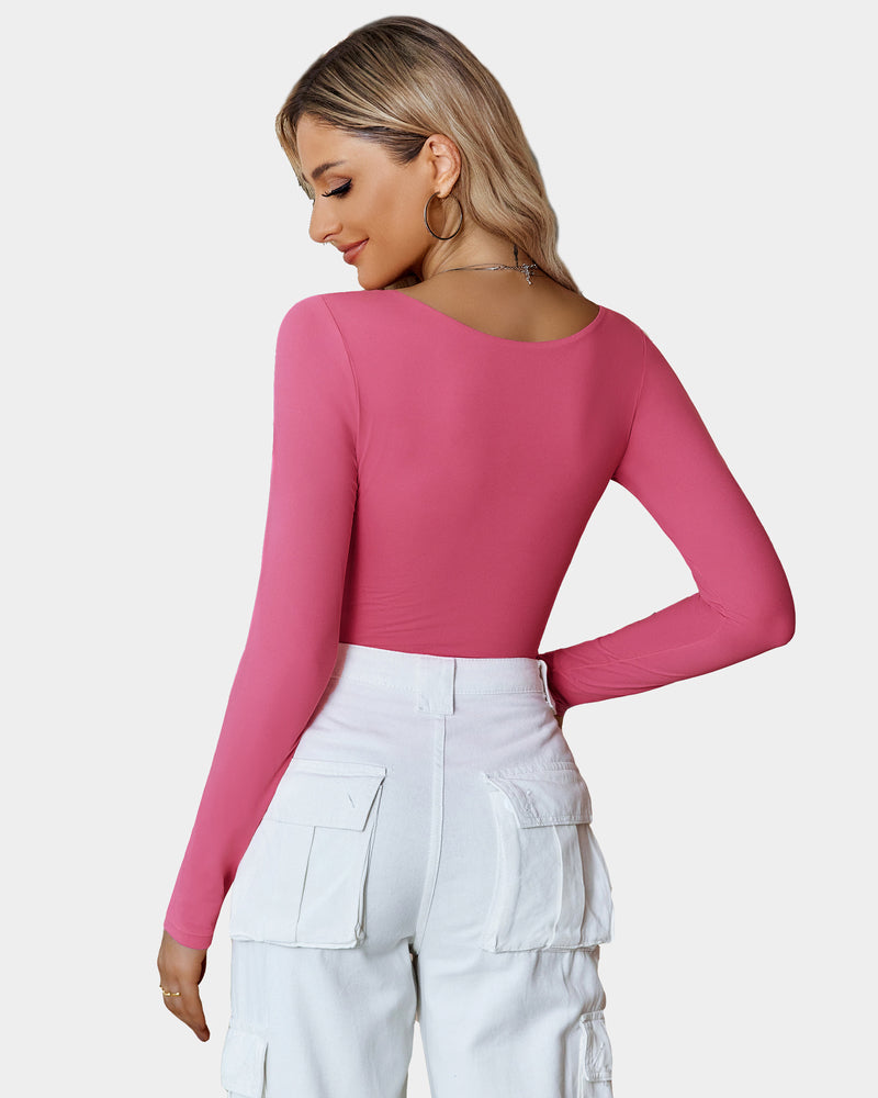 Pink scoop-neck bodysuit with long sleeves, smooth fitted back