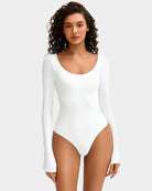 Scoop neck bodysuit shapewear in white, long sleeves, smooth fitted cut.