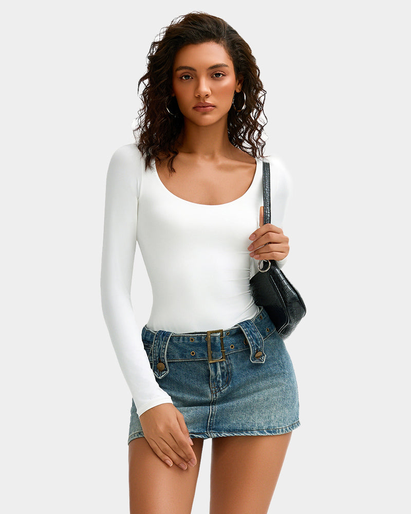 Scoop neck bodysuit shapewear in white, long sleeves, close fit at bust.