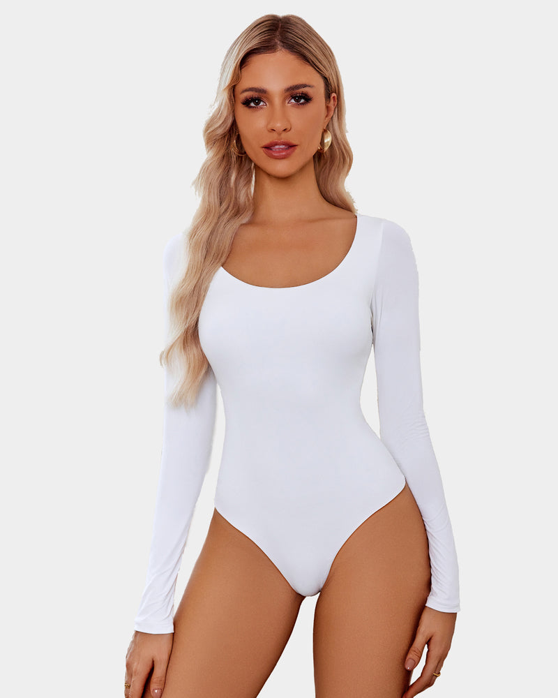 Scoop neck bodysuit shapewear in white, long sleeves, scooped neckline.