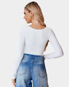 Scoop neck bodysuit shapewear in white, long sleeves, back view from side.