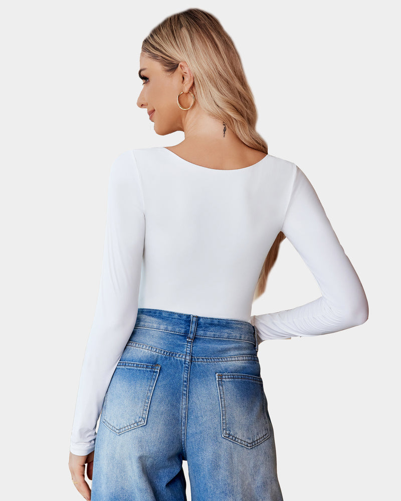 Scoop neck bodysuit shapewear in white, long sleeves, back view from side.