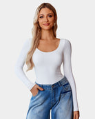 Scoop neck bodysuit shapewear in white, long sleeves, fitted silhouette.