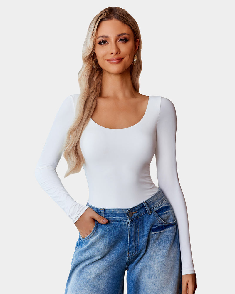 Scoop neck bodysuit shapewear in white, long sleeves, fitted silhouette.